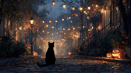 A photorealistic Halloween 2026 wallpaper showing a black cat sitting on a cobblestone street, glowing jack-o-lanterns in the background, and falling autumn leaves
