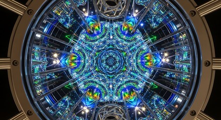 Obraz premium Intricate luminous kaleidoscope pattern with geometric symmetry and iridescent hues emanating from a central core