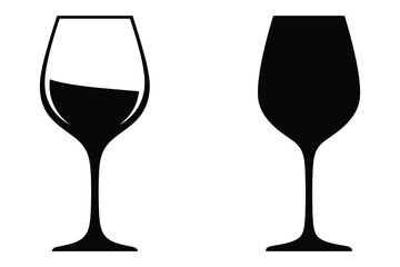 Two black wine glasses one filled with dark liquid on white background empty glass filled glass