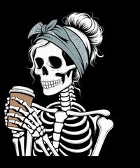 Halloween Skeleton Messy Bun Coffee Funny Costume