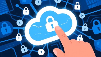 Hand interacting with a cloud icon featuring a lock, surrounded by security padlocks and network connections.