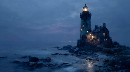 A photorealistic Halloween 2026 wallpaper of a crumbling lighthouse on a rocky shore with ghostly lights inside