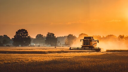 Fototapeta premium Harvest season: combine harvester at sunset in a golden field.
