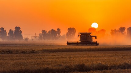 Fototapeta premium Golden sunset over a harvester in a rice field, creating a tranquil agricultural scene.