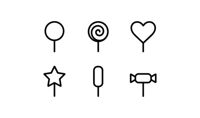 Minimalist candy icons set with lollipop, heart, and star shapes