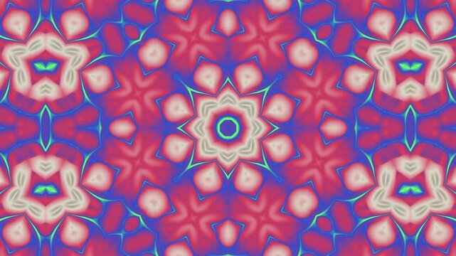 Animated red and blue flower kaleidoscope overlay pattern with geometric floral designs, suitable for backgrounds, packaging, textiles, and digital designs.