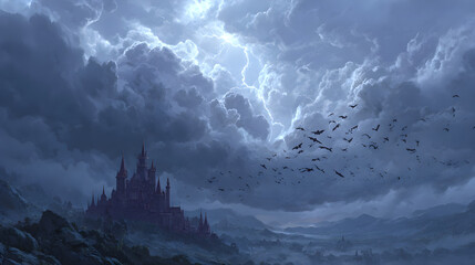 Naklejka premium A photorealistic Halloween 2026 wallpaper showing bats flying through a lightning storm over a haunted castle
