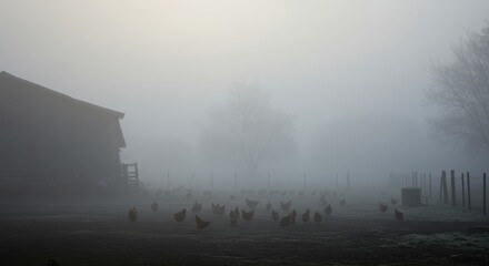 Dense fog covers a tranquil farmyard with a barn and free range chickens