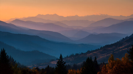 Layered mountain ranges visible under a warm colored sky with trees in the foreground in the evening light