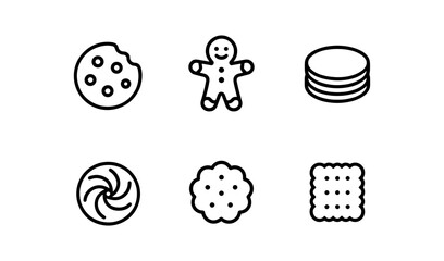 Minimalist cookie and biscuit icon set in black and white line art