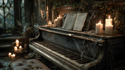A photorealistic Halloween 2026 wallpaper of an old piano in an abandoned house with cobwebs and candles