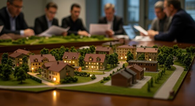 Business meeting with men examining a detailed miniature town model for urban planning - Powered by Adobe