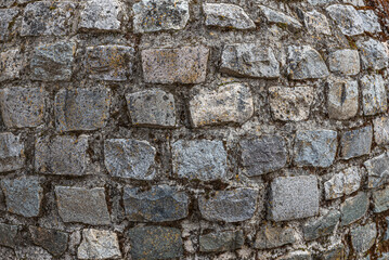 Closeup of Rustic Stone Wall with Irregular Textures and Weathered Appearance