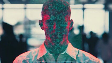 Businessman face covered by glitching digital interference effect - Powered by Adobe
