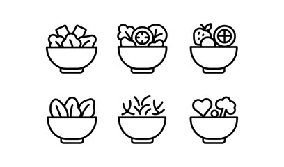 Minimalist bowl icons featuring vegetables and fruits in linear design