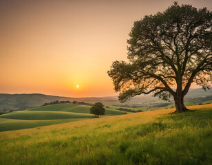 Fototapeta premium A Sunset view from under a tree in a green meadow with hills on the horizon. sunset in the countryside.