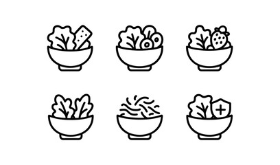 Obraz premium Simple salad icons featuring cheese, berries, and leafy greens in line art style