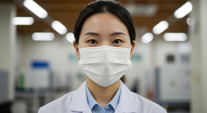 Asian female healthcare professional in white lab coat and protective face mask