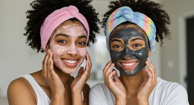 Two smiling young women with different facial masks, one pink and one charcoal, enjoying a beauty routine
