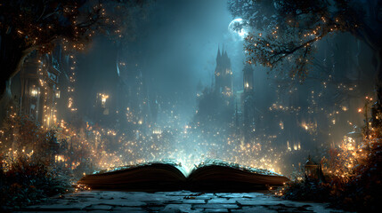 A realistic Halloween 2026 wallpaper of a magical spellbook opening by itself under moonlight