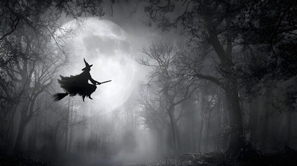 Obraz premium A realistic Halloween 2026 wallpaper of a witch flying past the moon over a haunted forest