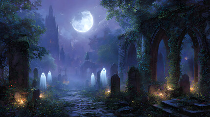 A realistic Halloween 2026 wallpaper featuring a moonlit graveyard with cracked tombstones, crawling ivy, and ghostly apparitions floating above the ground
