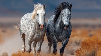 Obraz premium Two wild horses galloping through the open desert landscape at sunset with a backdrop of mountains and golden grasses