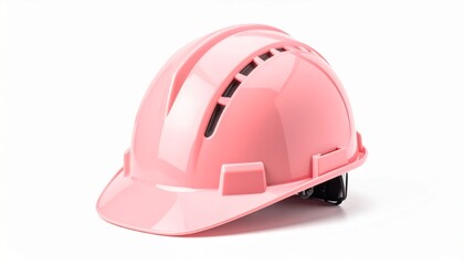 Fototapeta premium Glossy pink construction safety helmet with ventilation slots and adjustable strap, symbolizing PPE and role-specific gear.