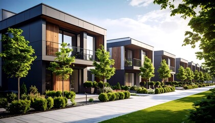 Modern townhouses, sunny day, urban