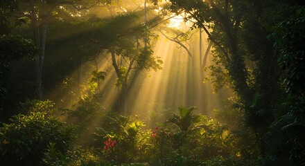 Sunlit Forest Canopy: Dramatic Light Rays Piercing Lush Greenery, Serene Nature.