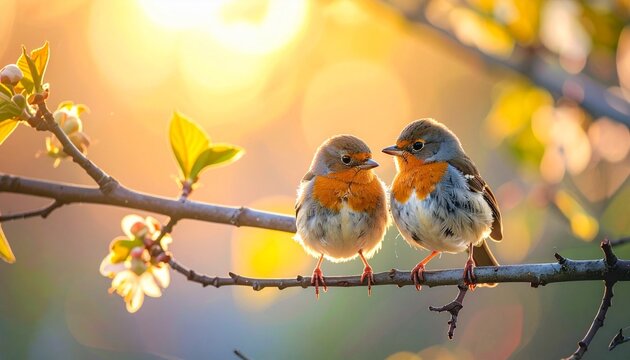Two great tits perched on a blossom-covered branch with soft sunlight and blurred natural background.
