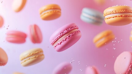 Obraz premium Colorful Macarons Floating in MidAir Pink, Orange, Blue, and Yellow French Macaroons on Pink Background
