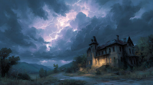 A realistic Halloween 2026 wallpaper of a stormy night sky over a dilapidated haunted asylum