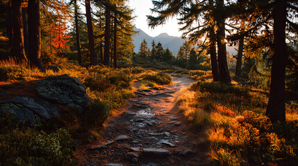Fototapeta premium A forest path illuminated by golden light leading towards distant mountains at sunset hour scenery