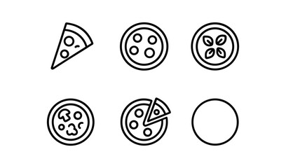 Minimalistic pizza icon set with various toppings and styles