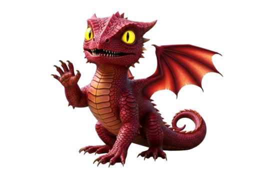 A vibrant, cartoonish, red dragon figurine, posed with outstretched hand, against a bold black background.