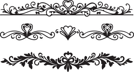 Naklejka premium Three Black Decorative Flourish and Scrollwork Elements with Heart Motifs on White vector illustration