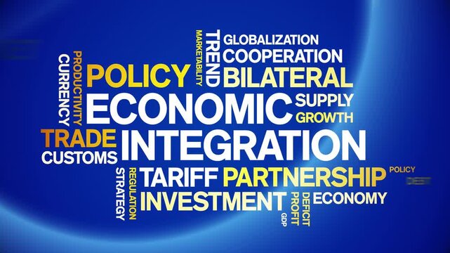 Economic integration animated word cloud-text design animation tag kinetic typography seamless loop.