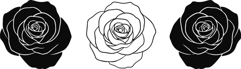 Three stylized roses in black and white on a white background flower flowers