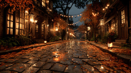 A realistic Halloween 2026 wallpaper of a cobblestone street covered in autumn leaves under lantern light