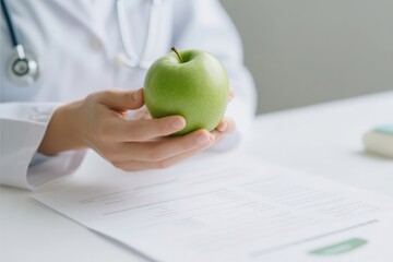 A doctor holding a green apple over a document, symbolizing health and nutrition.