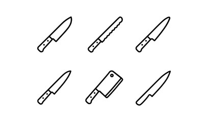 Collection of outline kitchen knives icons featuring various blade styles