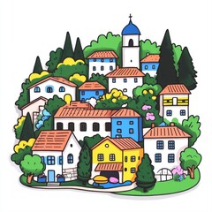 Colorful Cartoon Village with Houses and Trees in a Cheerful Landscape