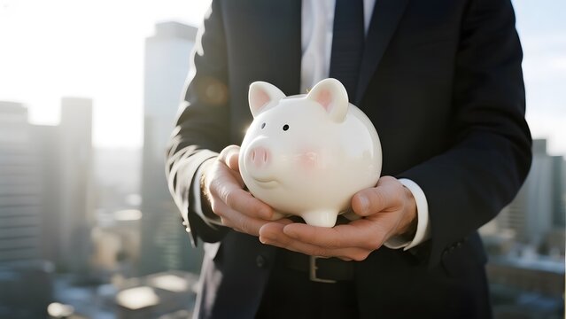 Businessman holding a piggy bank against an urban skyline backdrop