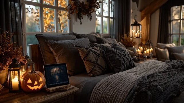 Cozy Autumn Bedroom Scene with Seasonal Decor:  A charming bedroom scene bathed in autumnal colors, showcasing a bed adorned with warm blankets and pillows, accented by seasonal decor like pumpkins.