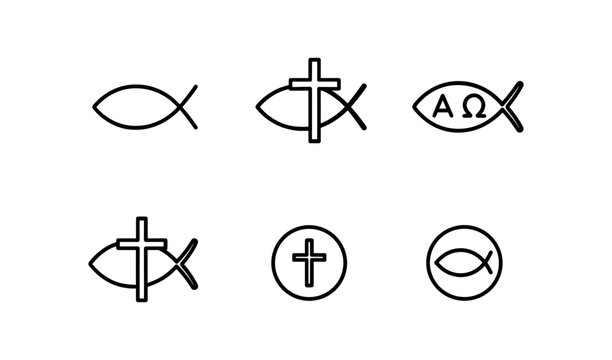 Christian faith symbols: simple fish and cross line art featuring ichthys and alpha omega