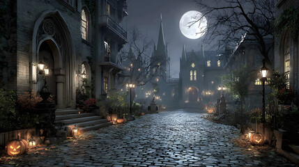 A spooky Halloween 2026 wallpaper showing a moonlit cobblestone courtyard with ghostly shadows