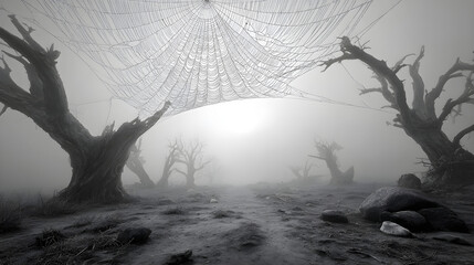 A spooky Halloween 2026 wallpaper showing a massive cobweb between two dead trees in the fog