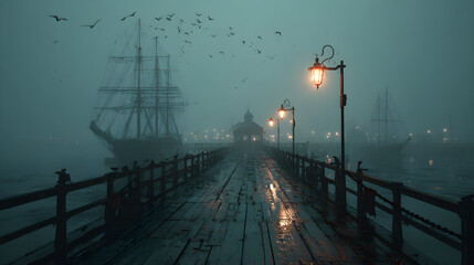 A realistic Halloween 2026 wallpaper featuring a creepy foggy pier with ghost ships in the distance