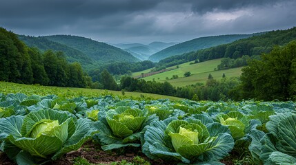 Fototapeta premium Lush green cabbage field stretching across rolling hills under a moody sky.